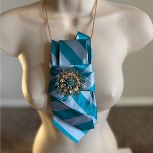 Turquoise & Silver Satin Statement Necklace with Crystal Brooch